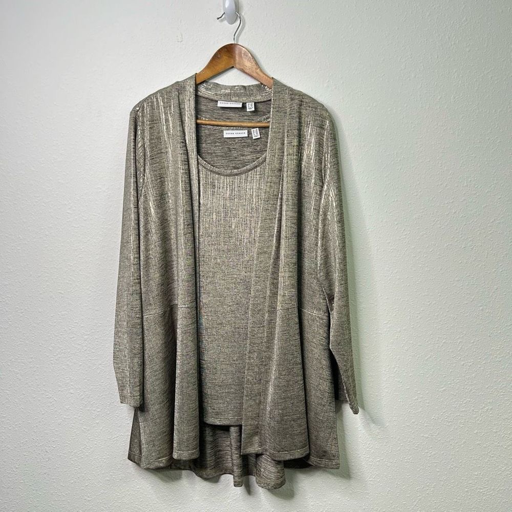 Susan Graver 2X Metallic Taupe Open Cardigan and Tank Set
